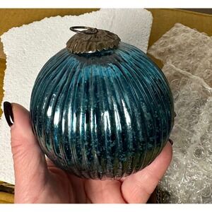 Kugel Style Mercury Glass‎ Decor Ornaments 4" Teal Blue Crackle Ribbed Lot of 6